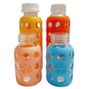 🍒 Lifefactory Life factory Baby Glass Bottles Set of 4 Orange Yellow Blue Peach